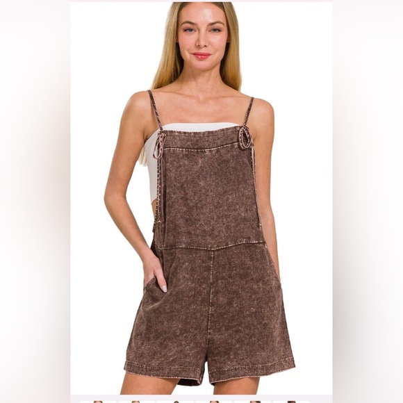 Zenana Outfitters Pants - Zenana NWT Deep Brown Washed Linen Knot Strap Romper Pockets Medium
